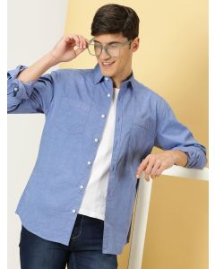 Men Navy Blue Solid Regular Fit Cotton Shirt