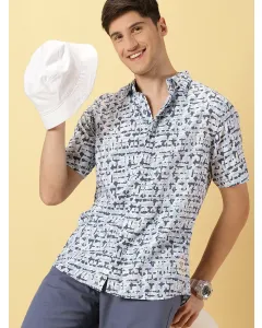 Men Off White Printed Casual Shirt