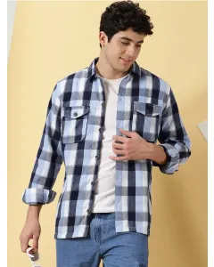 Navy Blue Checked Cotton Premium Corduroy Oversized Shackets