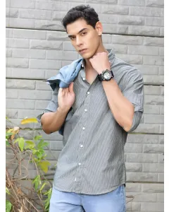 Olive Regular Fit Long Sleeves Striped Shirt