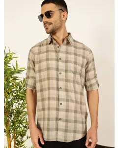 Cream Regular Fit Long Sleeves Checked Shirt