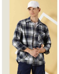 Blue Oversized Long Sleeves Checked Shirt
