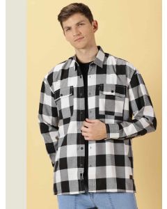 White Oversized Long Sleeves Checked Shirt