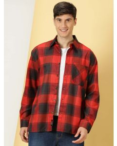 Red Checked Spread Collar Long Sleeves Oversized Casual Shacket