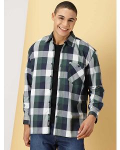 Green Oversized Long Sleeves Checked Shirt