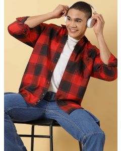 Red Oversized Long Sleeves Checked Shirt