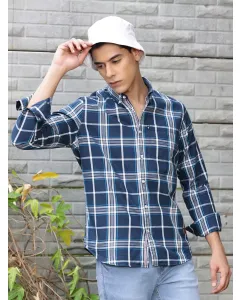 Navy Blue Slim Fit Long Sleeves Checked Shirt