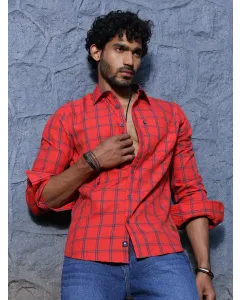 Red Slim Fit Long Sleeves Checked Shirt