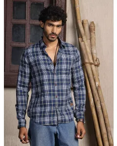 Dark Blue Slim Fit Long Sleeves Checked Shirt