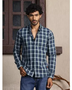 Men Blue Tartan Checks Cotton Shirt