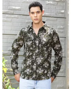 Green Slim Fit Long Sleeves Printed Shirt