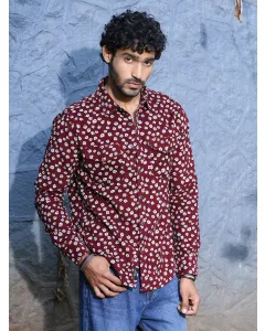 Maroon Slim Fit Floral Printed Pure Cotton Corduroy Casual Shirt