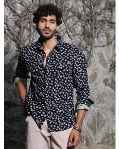 Navy Slim Fit Long Sleeves Printed Shirt