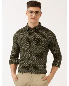 Green Classic Slim Fit Floral Printed Pure Cotton Corduroy Semiformal Shirt