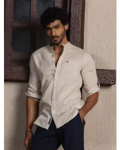 Men Beige Solid Cotton Linen Shirt