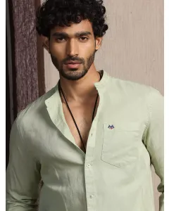 Men Green Solid Cotton Linen Shirt