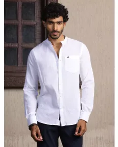 Men White Solid Cotton Linen Shirt