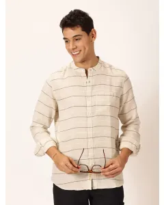 Men Beige Stripes Cotton Linen Shirt