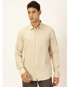 Men Khaki Solid Cotton Linen Shirt