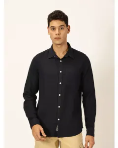 Men Navy Blue Solid Cotton Linen Shirt
