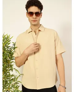 Men Beige Textured Cuban Collar Shirt