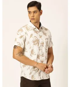 Men White Floral Slim Fit Shirt