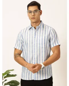 Men Blue Striped Cotton Linen Shirt