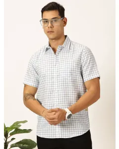 Men Blue Checked Cotton Linen Shirt