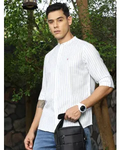Men Blue Striped Cotton Linen Shirt