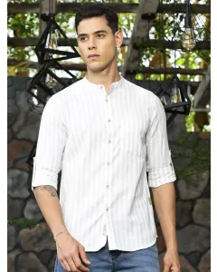 Men Green Striped Cotton Linen Shirt