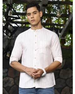 Men Peach Striped Cotton Linen Shirt