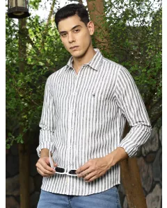 Men Black Striped Cotton Linen Shirt