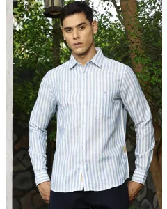 Men Blue Striped Cotton Linen Shirt