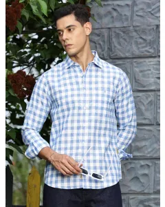Men Blue Checked Cotton Linen Shirt