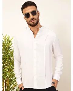 White Slim Fit Long Sleeves Mandarin Collar Textured Casual Shirt