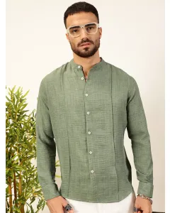 Green Slim Fit Long Sleeves Mandarin Collar Textured Casual Shirt