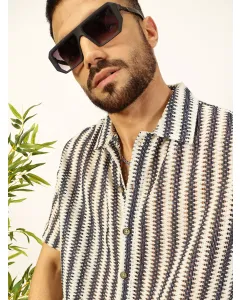 Men Blue Vertical Striped Crochet Shirt