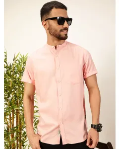 Men Pink Mandarin Collar Shirt