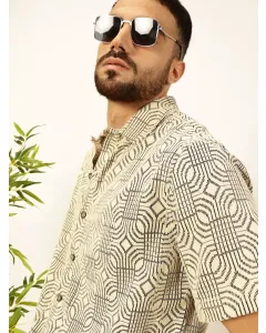 Men Beige Printed Crochet Shirt
