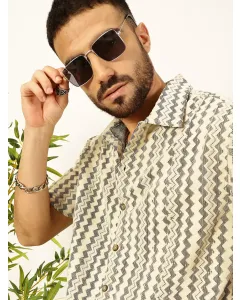 Men Beige Striped Crochet Shirt