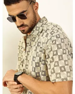 Men Beige Checked Crochet Shirt