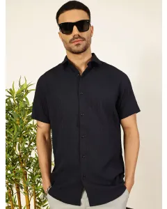 Men Navy Blue Textured Casual Shirt