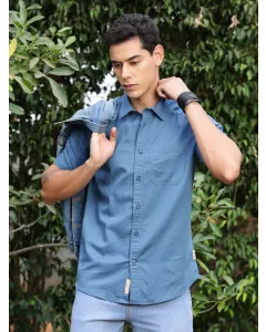 Men Blue Solid Cotton Linen Shirt