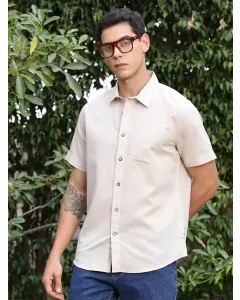 Men Beige Solid Cotton Linen Shirt