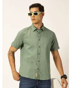 Men Green Solid Cotton Linen Shirt