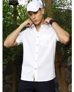 Men White Solid Cotton Linen Shirt
