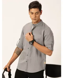 Men Grey Slim Fit Cotton Linen Shirt