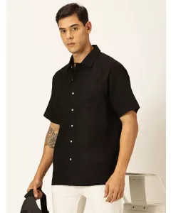 Men Black Solid Cotton Linen Casual Shirt