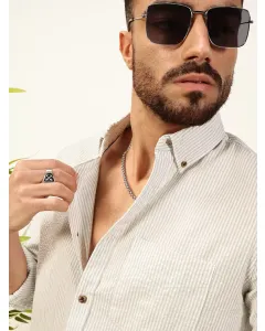 Men Grey Striped Cotton Shirt
