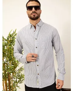 Men Navy Blue Striped Cotton Shirt